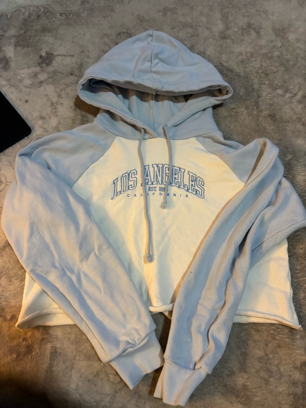 Forever 21 Light Blue and White 'Los Angeles' Cropped Hoodie